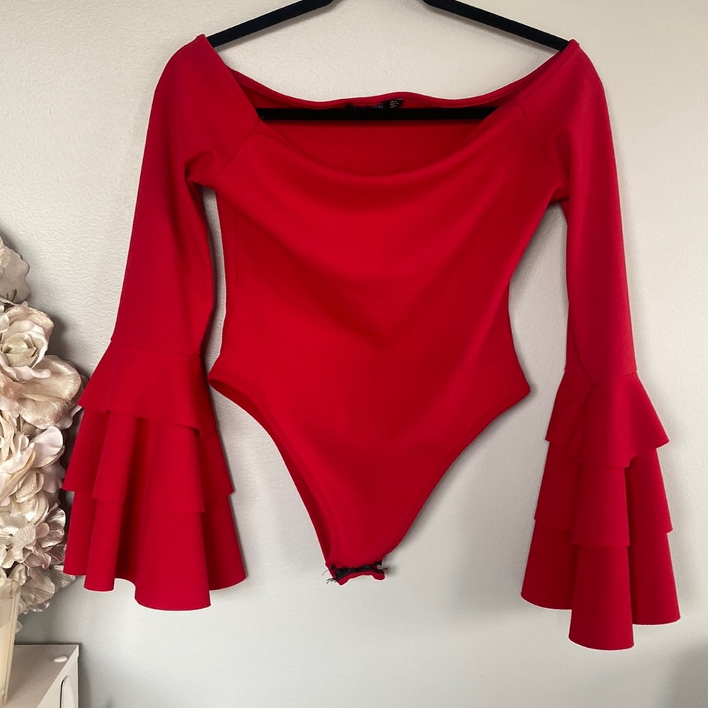 Off the shoulder red bodysuit with fun sleeves